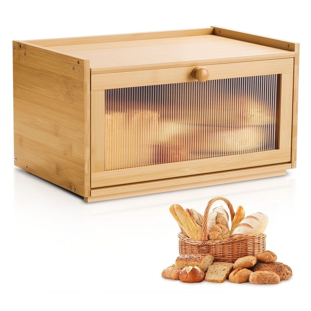 VEVOR Bread Box for Kitchen Counter, Large Capacity Bamboo Bread Storage Container, Farmhouse Wooden Breadbox Organizer for Homemade Bread, Storage Holder Bin with Acrylic Wavy Door Panel, Natural