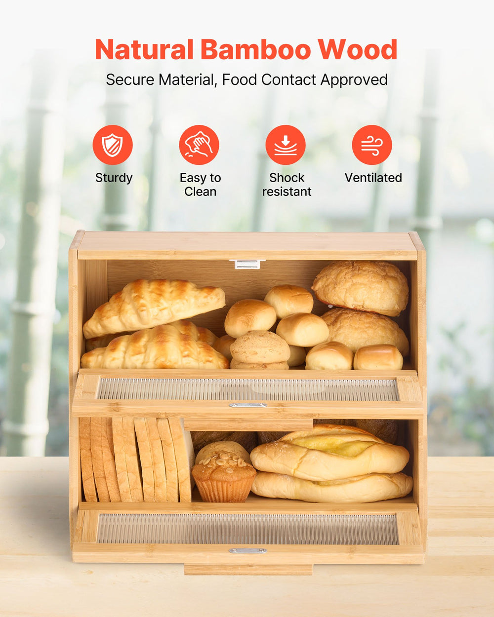 VEVOR Double Layer Bread Box for Kitchen Counter, Large Capacity Bamboo Bread Storage Container, Farmhouse Wooden Breadbox for Homemade Bread, Storage Holder Bin with Acrylic Wavy Door Panel, Natural