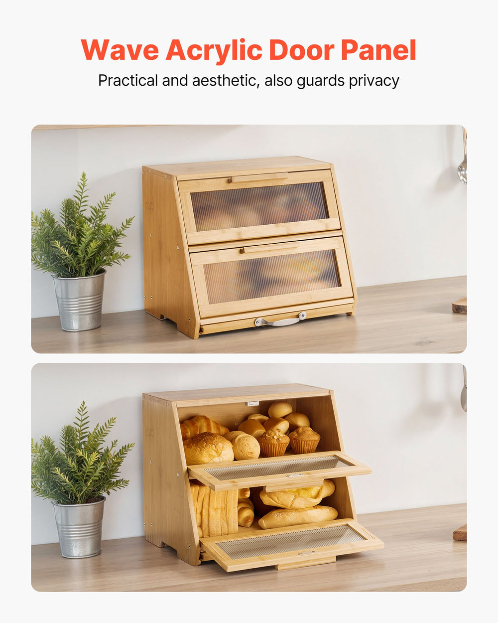 VEVOR Double Layer Bread Box for Kitchen Counter, Large Capacity Bamboo Bread Storage Container, Farmhouse Wooden Breadbox for Homemade Bread, Storage Holder Bin with Acrylic Wavy Door Panel, Natural