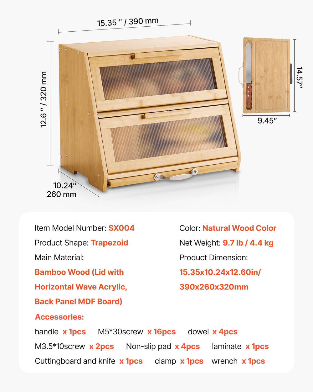 VEVOR Double Layer Bread Box for Kitchen Counter, Large Capacity Bamboo Bread Storage Container, Farmhouse Wooden Breadbox for Homemade Bread, Storage Holder Bin with Acrylic Wavy Door Panel, Natural