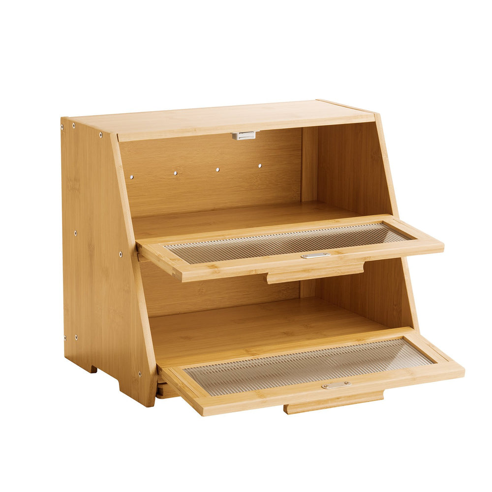 VEVOR Double Layer Bread Box for Kitchen Counter, Large Capacity Bamboo Bread Storage Container, Farmhouse Wooden Breadbox for Homemade Bread, Storage Holder Bin with Acrylic Wavy Door Panel, Natural