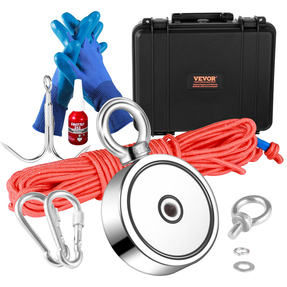 VEVOR Magnet Fishing Kit, 544.3 kg Pulling Force Double Sided Fishing Magnets, 7.5 cm Diameter Magnet with Rope, Grappling Hook, Gloves, Waterproof Case, Threadlocker, Eye Bolt, for Fishing