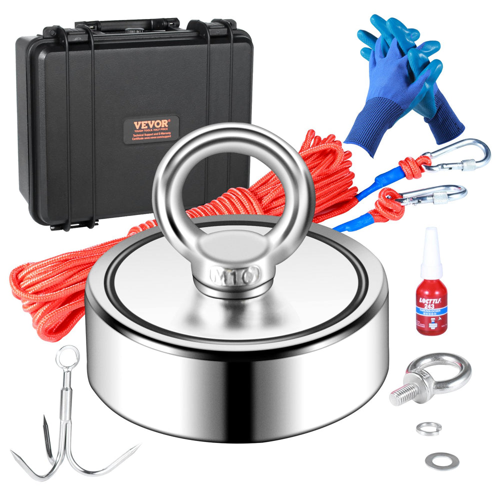 VEVOR Magnet Fishing Kit, 544.3 kg Pulling Force Double Sided Fishing Magnets, 7.5 cm Diameter Magnet with Rope, Grappling Hook, Gloves, Waterproof Case, Threadlocker, Eye Bolt, for Fishing