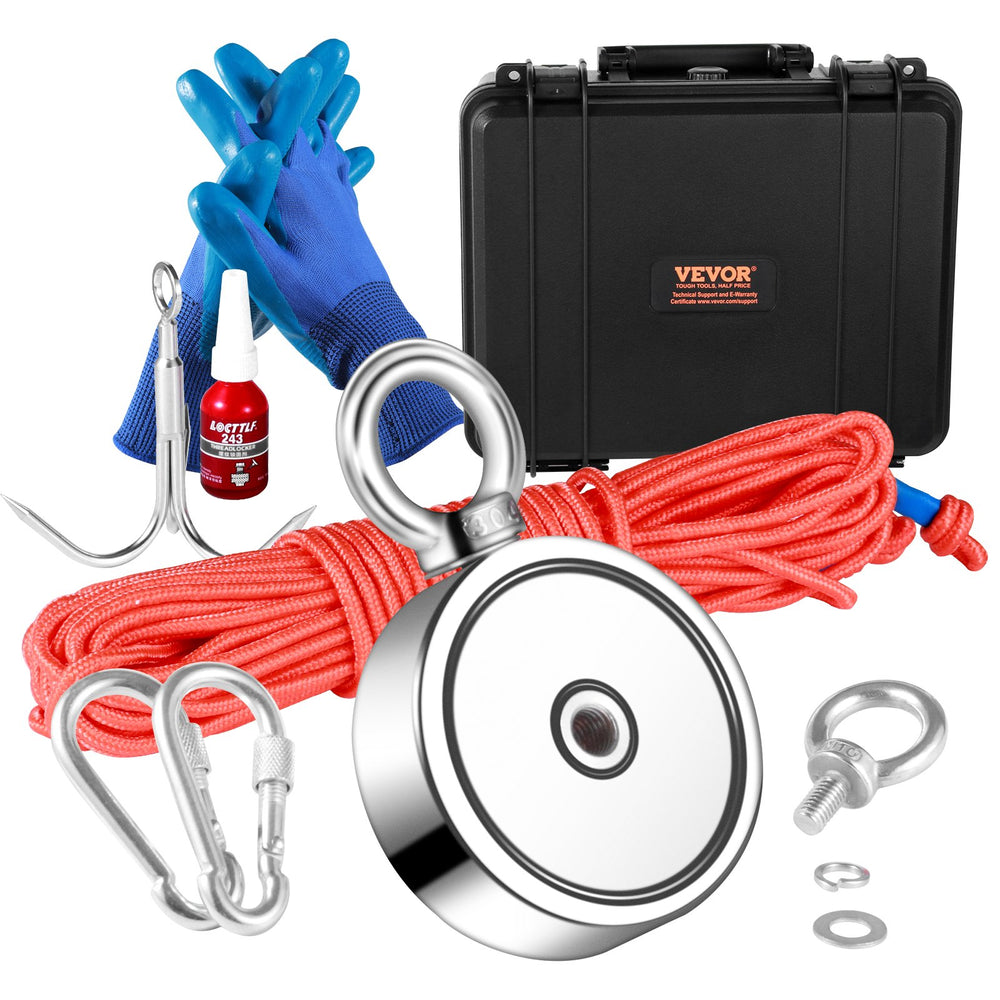 VEVOR Magnet Fishing Kit, 544.3 kg Pulling Force Double Sided Fishing Magnets, 7.5 cm Diameter Magnet with Rope, Grappling Hook, Gloves, Waterproof Case, Threadlocker, Eye Bolt, for Fishing