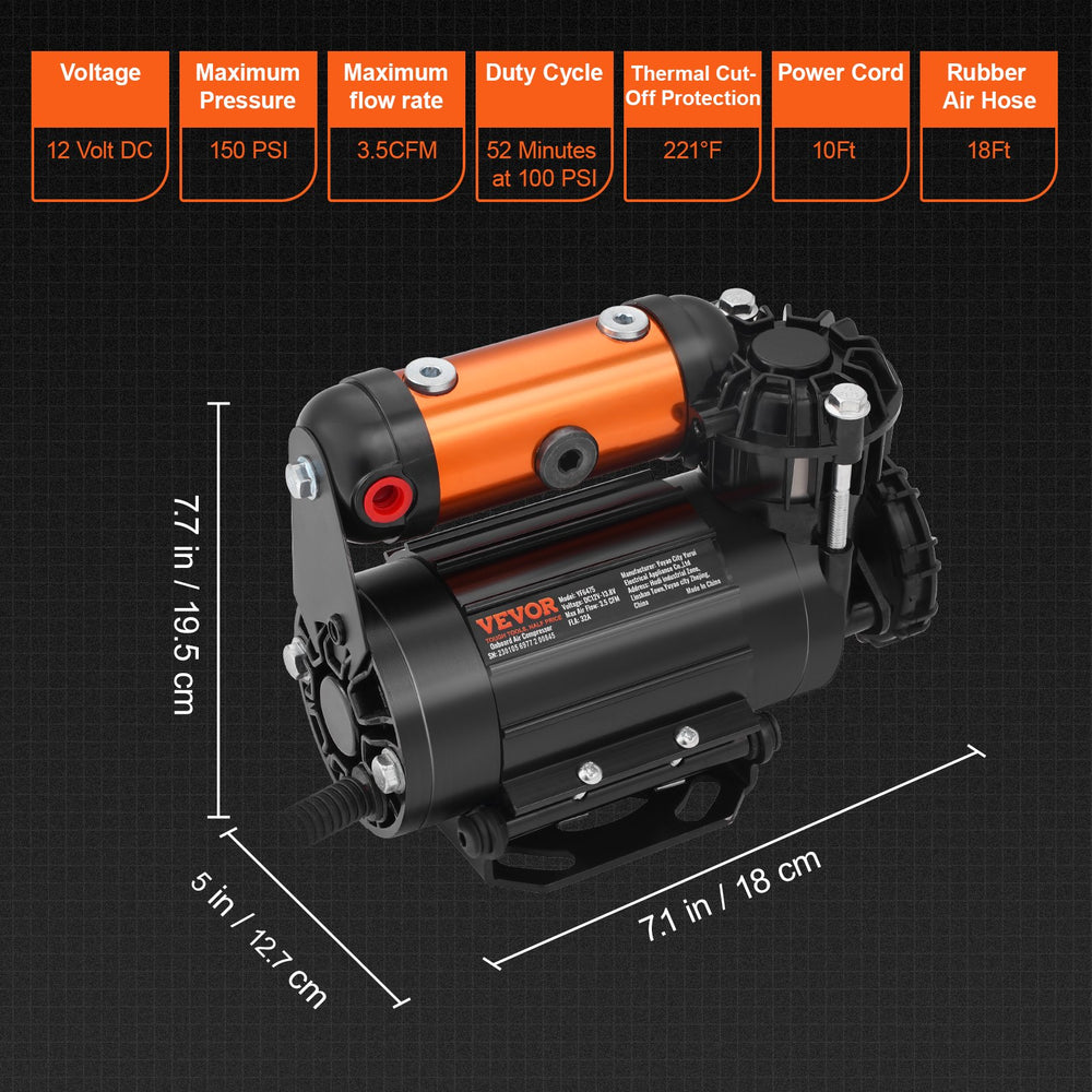 VEVOR On-Board 12V Air Compressor 150PSI 3.5CFM Offroad Tire Inflator