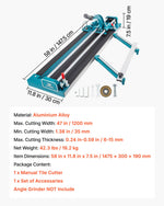 VEVOR 47Inch/1200mm Tile Cutter Double Rail Manual Tile Cutter 3/5 in Cap with Precise Laser Positioning Manual Tile Cutter Tools for Precision Cutting