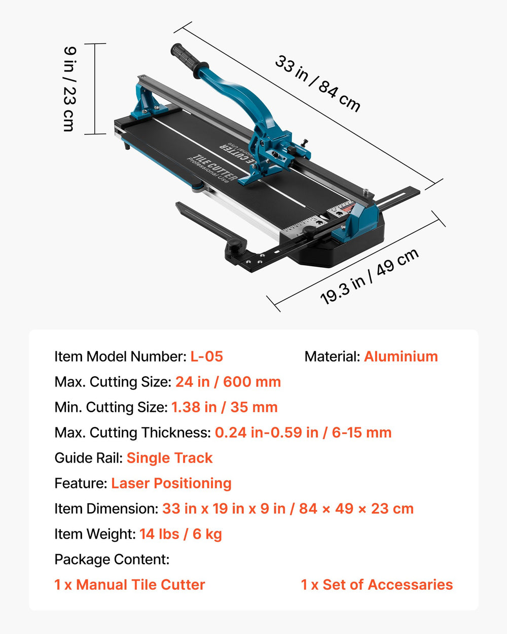 VEVOR 600 mm Tile Cutter Single Rail Double Brackets Manual Tile Cutter 1.5 cm Cap w/Precise Laser Manual Tile Cutter Tools for Precision Cutting