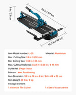 VEVOR 600 mm Tile Cutter Single Rail Double Brackets Manual Tile Cutter 1.5 cm Cap w/Precise Laser Manual Tile Cutter Tools for Precision Cutting