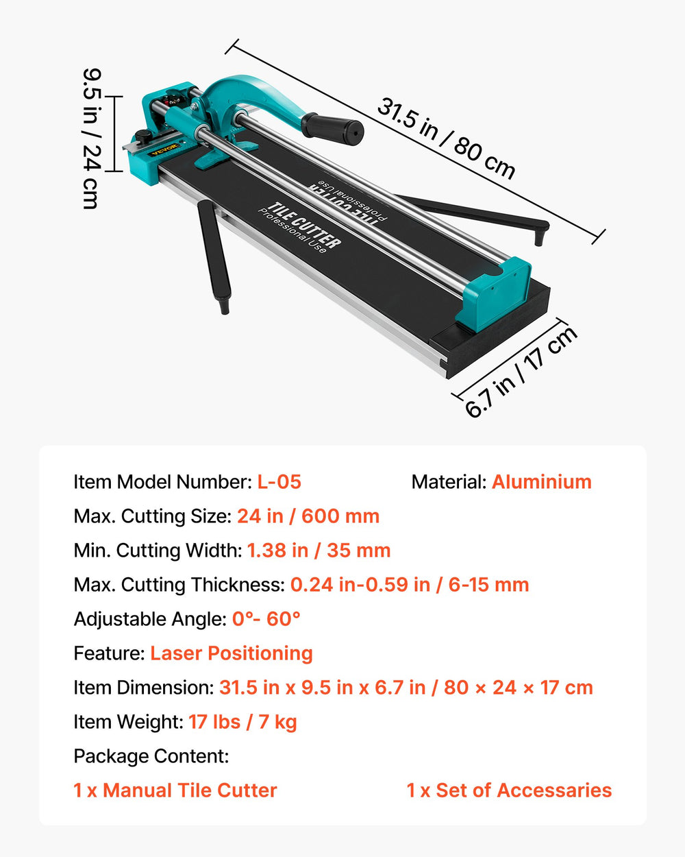 VEVOR 24 Inch/600mm Tile Cutter Double Rails & Brackets Manual Tile Cutter 3/5 in Cap with Precise Laser Manual Tile Cutter Tools for Precision Cutting