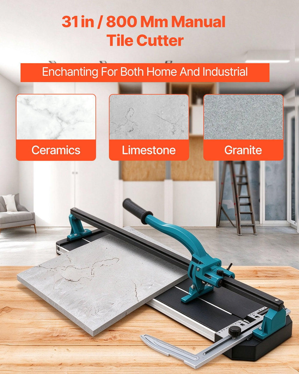 VEVOR 800 mm Tile Cutter Single Rail Manual Tile Cutter 3/5 in Cap w/Precise Laser Positioning Manual Tile Cutter Tools for Precision Cutting