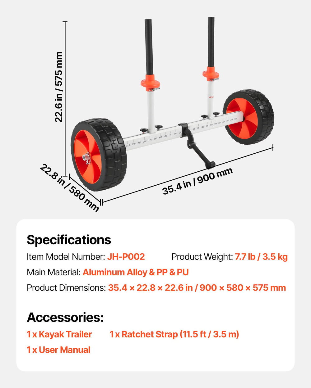 VEVOR Kayak Cart, 104 kg Load Capacity, Canoe Cart Dolly with 25.4 cm Solid PU Tires & Kickstand, Assembles & Disassembles Within Seconds, Paddle Board Trolley for Kayaks, Canoes, Paddleboards
