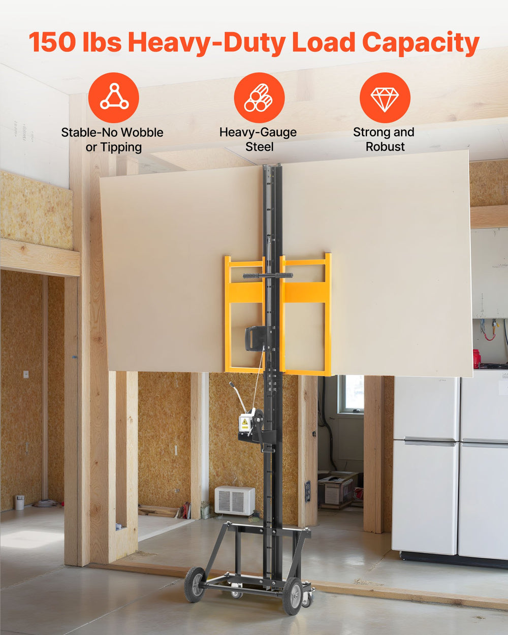 VEVOR Drywall Lift, Heavy-Duty 68 kg Sheetrock Hoist for Ceiling & Wall Installation, One Person Drywall Installation, 1219x4878 mm Max. Panel Vertical Lifter with Wheels, Easy Transport (Yellow)