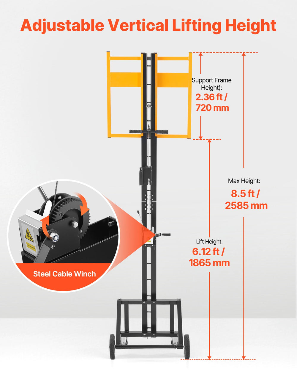 VEVOR Drywall Lift, Heavy-Duty 68 kg Sheetrock Hoist for Ceiling & Wall Installation, One Person Drywall Installation, 1219x4878 mm Max. Panel Vertical Lifter with Wheels, Easy Transport (Yellow)