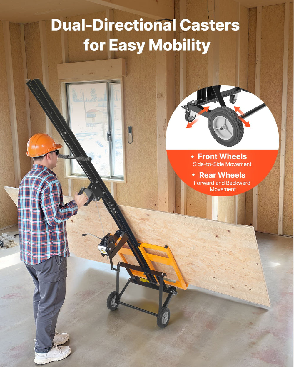 VEVOR Drywall Lift, Heavy-Duty 68 kg Sheetrock Hoist for Ceiling & Wall Installation, One Person Drywall Installation, 1219x4878 mm Max. Panel Vertical Lifter with Wheels, Easy Transport (Yellow)
