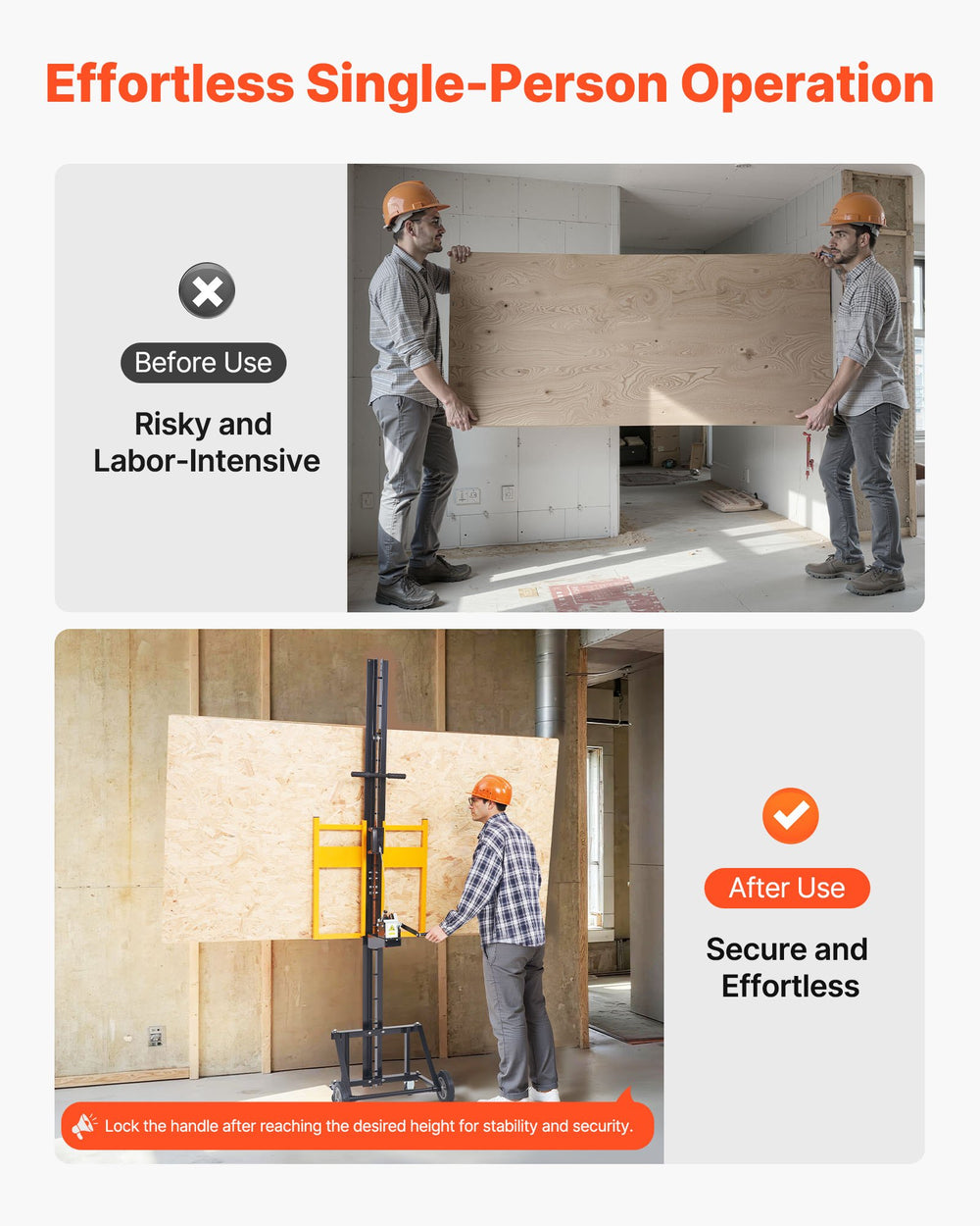 VEVOR Drywall Lift, Heavy-Duty 68 kg Sheetrock Hoist for Ceiling & Wall Installation, One Person Drywall Installation, 1219x4878 mm Max. Panel Vertical Lifter with Wheels, Easy Transport (Yellow)