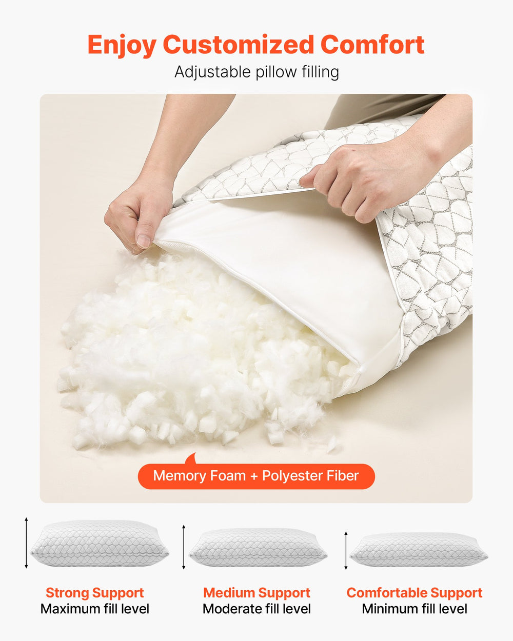 VEVOR Bed Pillow for Sleeping, Queen Size Luxury Quality Hotel Pillow with Memory Foam Fill, Supportive & Adjustable, Includes Natural Firber Pillowcase, Bedding for Back, Stomach and Side Sleepers