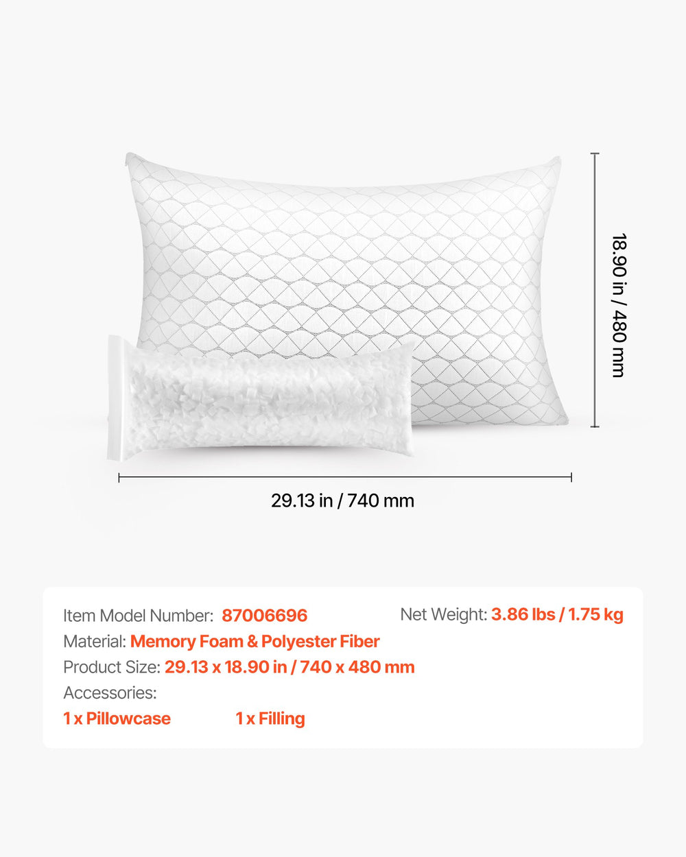 VEVOR Bed Pillow for Sleeping, Queen Size Luxury Quality Hotel Pillow with Memory Foam Fill, Supportive & Adjustable, Includes Natural Firber Pillowcase, Bedding for Back, Stomach and Side Sleepers