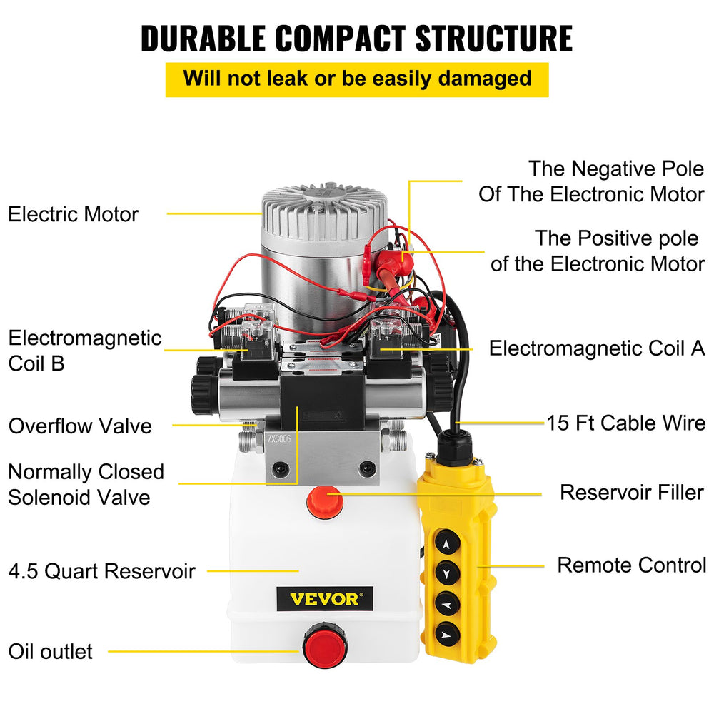 VEVOR Hydraulic Pump Double Acting Hydraulic Power Unit Double Solenoid Hydraulic Power Pack 12V DC Hydraulic Power Pump with 4.5Liter Reservoir for Dump Trailer Car Lifting