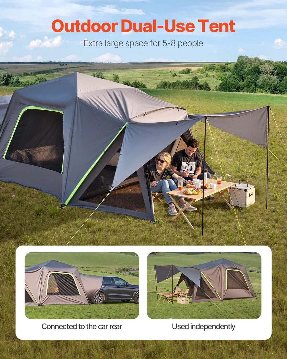 VEVOR SUV Tent for Camping, 10FT L x 10FT W, Waterproof PU2000mm Spacious Double Layer Design for 5-8 Person, SUV Camping Tent with Shade Awning and Mesh Windows, Includes Rainfly and Storage Bag