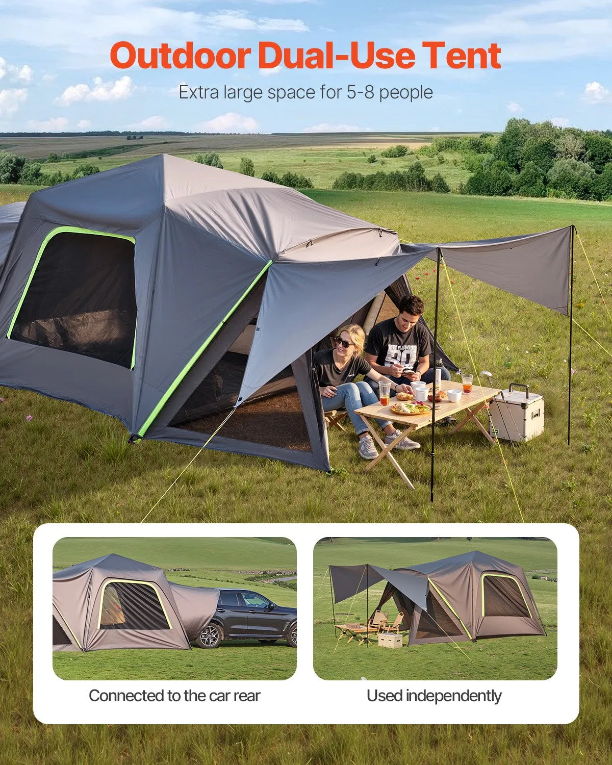 VEVOR SUV Tent for Camping, 10FT L x 10FT W, Waterproof PU2000mm Spacious Double Layer Design for 5-8 Person, SUV Camping Tent with Shade Awning and Mesh Windows, Includes Rainfly and Storage Bag