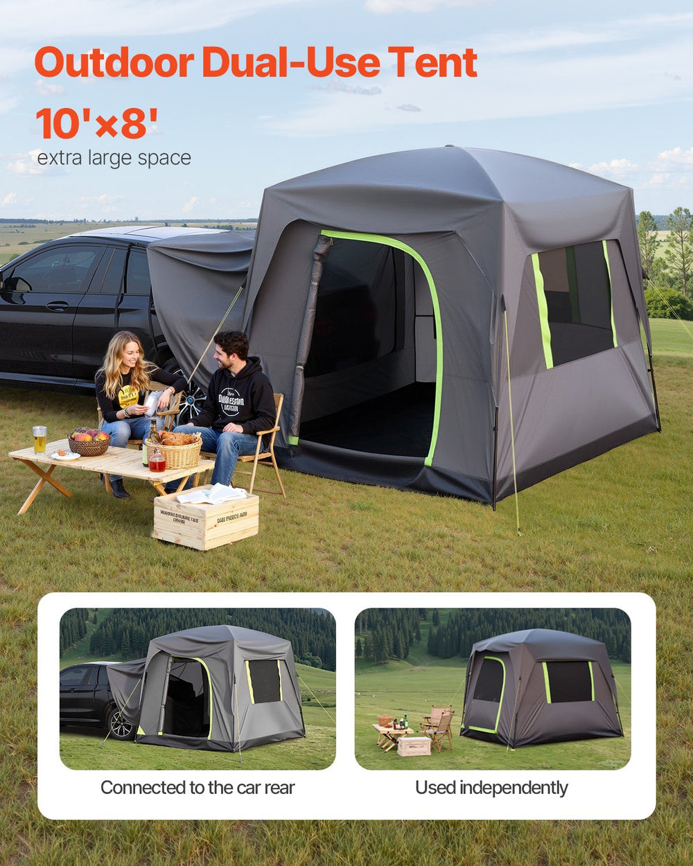VEVOR SUV Tent for Camping, 10FT L x 8FT W, Waterproof PU2000mm Spacious Double Layer Design for 5-8 Person, SUV Camping Tent with Mesh Windows, Includes Rainfly & Storage Bag, for Outdoor Activities