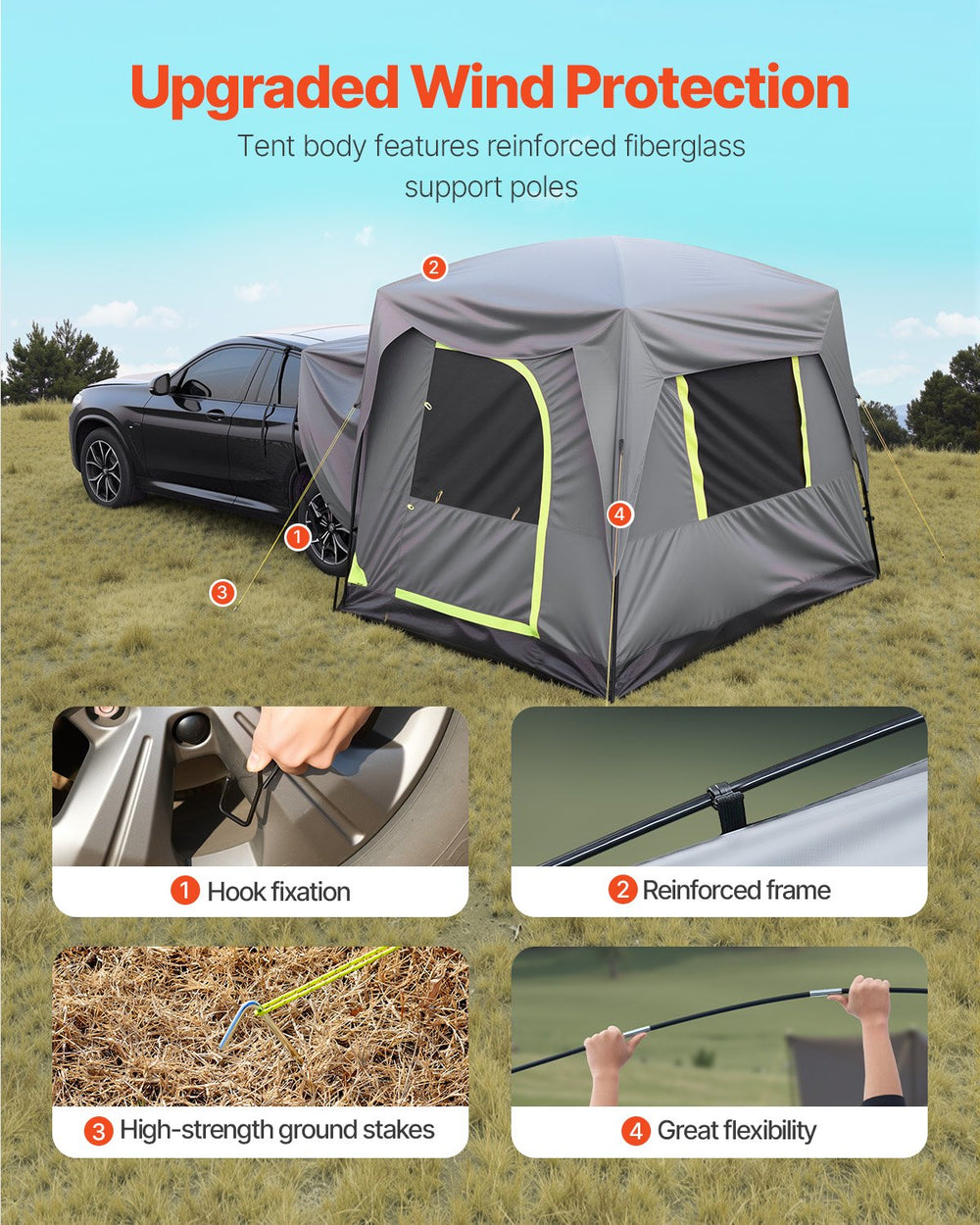 VEVOR SUV Tent for Camping, 10FT L x 8FT W, Waterproof PU2000mm Spacious Double Layer Design for 5-8 Person, SUV Camping Tent with Mesh Windows, Includes Rainfly & Storage Bag, for Outdoor Activities