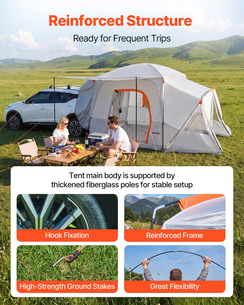 VEVOR SUV Camping Tent for 5-9 Person, 3.96 x 3.05m 3-Season SUV Tailgate Tent with Ventilated Windows, PU2000mm Waterproof Dual-Use Car Rear Hatch Tents for Outdoor Hiking Travels