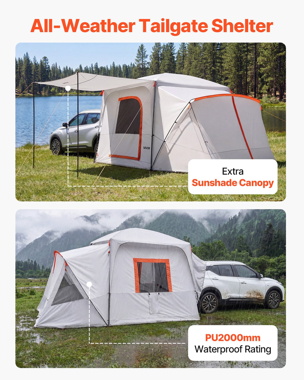 VEVOR SUV Camping Tent for 5-9 Person, 3.96 x 3.05m 3-Season SUV Tailgate Tent with Ventilated Windows, PU2000mm Waterproof Dual-Use Car Rear Hatch Tents for Outdoor Hiking Travels