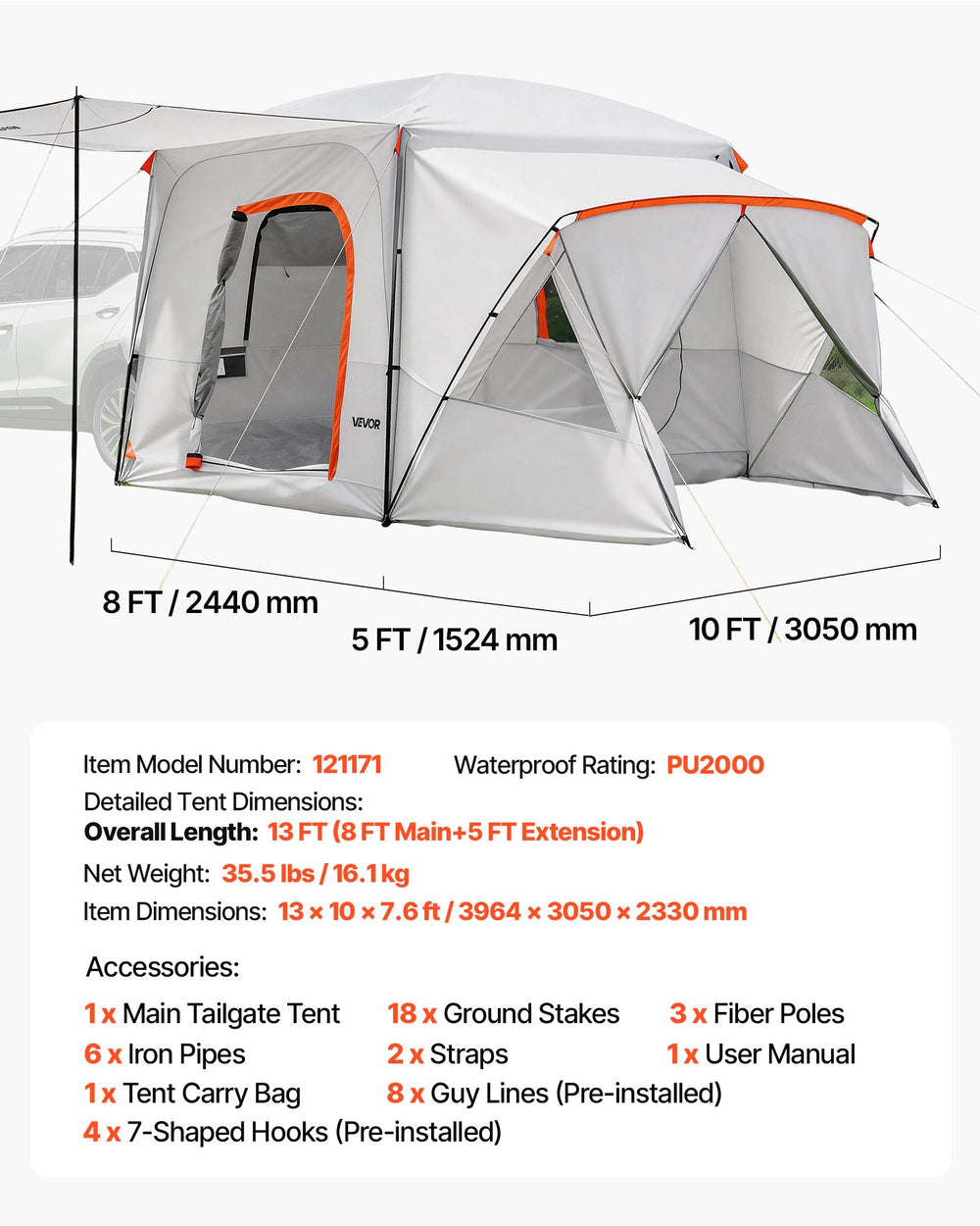 VEVOR SUV Camping Tent for 5-9 Person, 3.96 x 3.05m 3-Season SUV Tailgate Tent with Ventilated Windows, PU2000mm Waterproof Dual-Use Car Rear Hatch Tents for Outdoor Hiking Travels