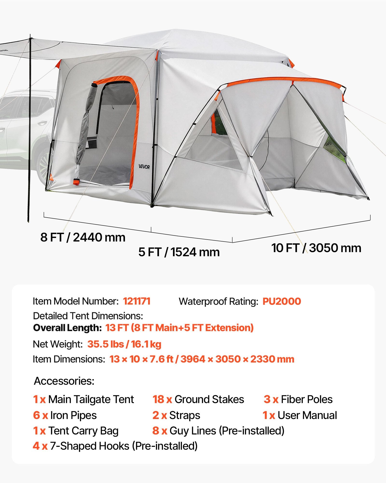 VEVOR SUV Camping Tent for 5-9 Person, 3.96 x 3.05m 3-Season SUV Tailgate Tent with Ventilated Windows, PU2000mm Waterproof Dual-Use Car Rear Hatch Tents for Outdoor Hiking Travels