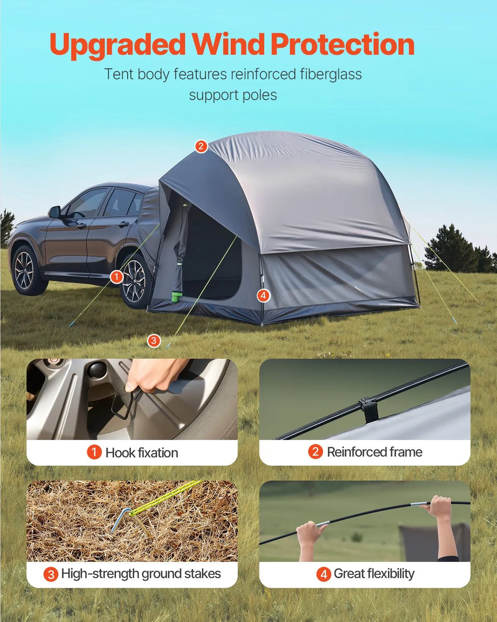 VEVOR SUV Tent for Camping, 8FT L x 8FT W, Waterproof PU2000mm Spacious Double Layer Design for 5-8 Person, SUV Camping Tent with Mesh Windows, Includes Rainfly & Storage Bag, for Outdoor Activities