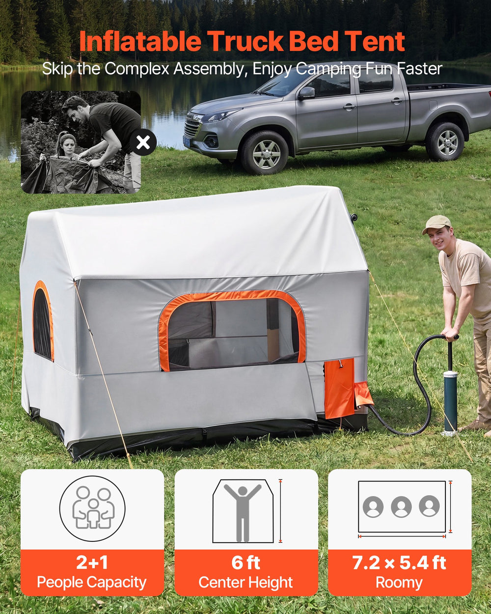 VEVOR Inflatable Pickup Truck Tent, 2.2 x 1.65m 3-Season Truck Bed Tent with Ventilated Mesh Windows, PU2000mm Waterproof Pickup Camping Tents for Outdoor Hiking Activities - Air Pump Included
