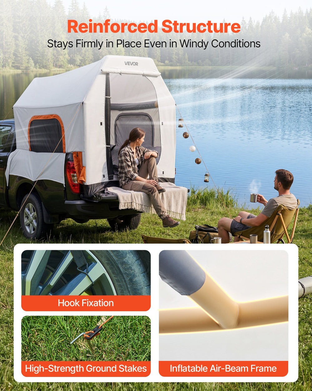 VEVOR Inflatable Pickup Truck Tent, 2.2 x 1.65m 3-Season Truck Bed Tent with Ventilated Mesh Windows, PU2000mm Waterproof Pickup Camping Tents for Outdoor Hiking Activities - Air Pump Included