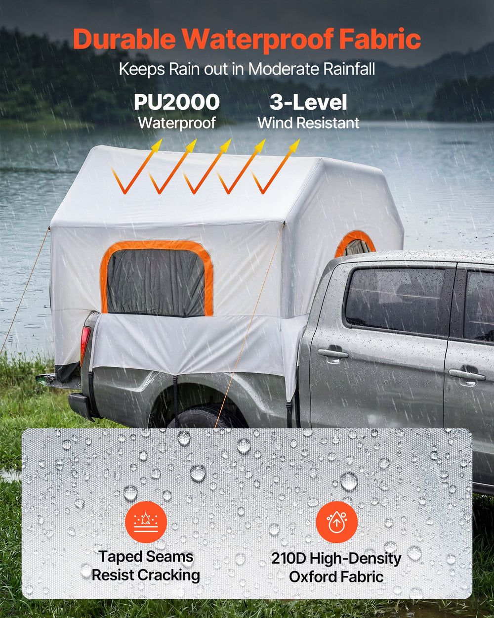 VEVOR Inflatable Pickup Truck Tent, 2.2 x 1.65m 3-Season Truck Bed Tent with Ventilated Mesh Windows, PU2000mm Waterproof Pickup Camping Tents for Outdoor Hiking Activities - Air Pump Included