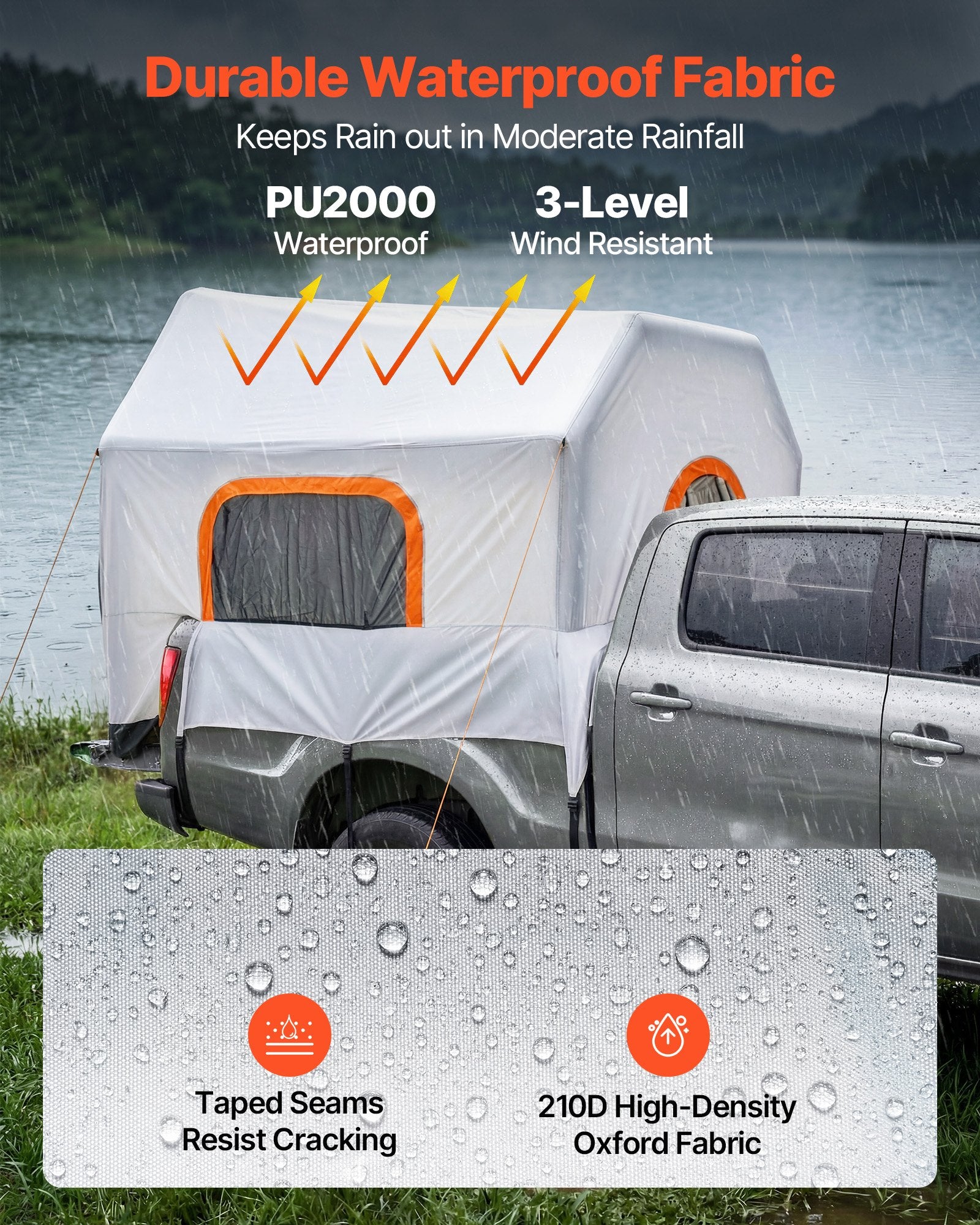 VEVOR Inflatable Pickup Truck Tent, 2.2 x 1.65m 3-Season Truck Bed Tent with Ventilated Mesh Windows, PU2000mm Waterproof Pickup Camping Tents for Outdoor Hiking Activities - Air Pump Included