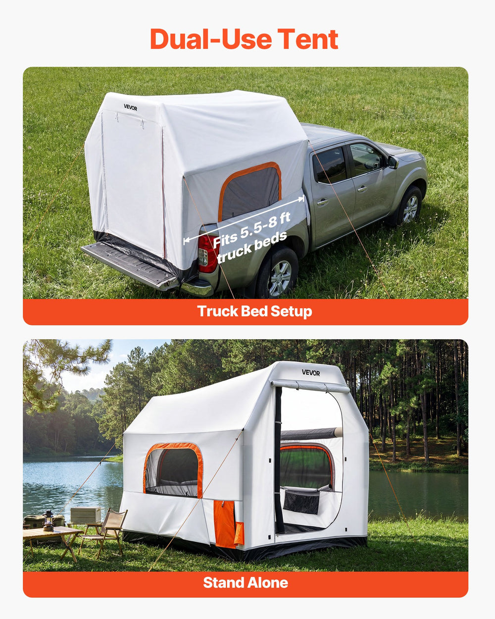 VEVOR Inflatable Pickup Truck Tent, 2.2 x 1.65m 3-Season Truck Bed Tent with Ventilated Mesh Windows, PU2000mm Waterproof Pickup Camping Tents for Outdoor Hiking Activities - Air Pump Included