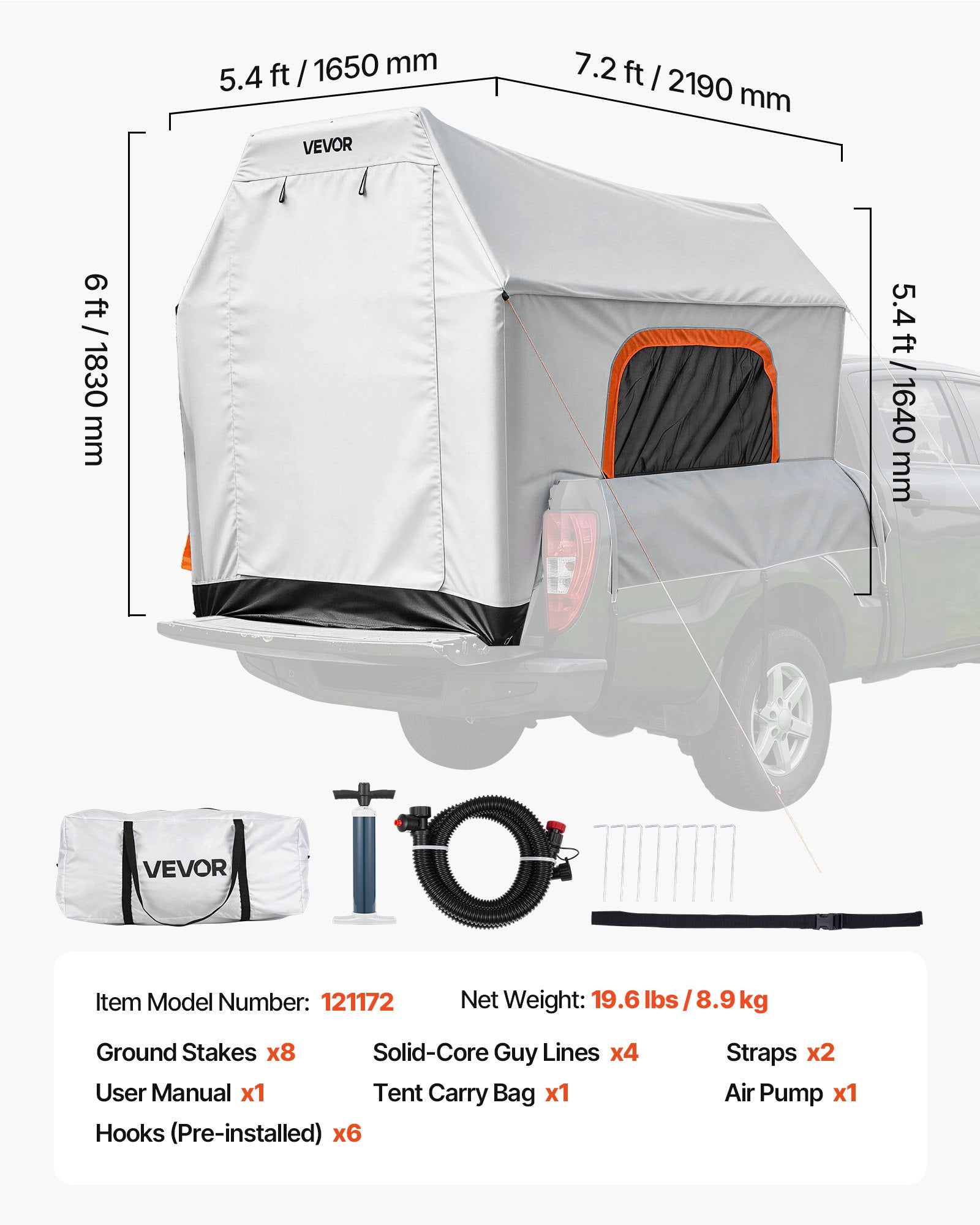 VEVOR Inflatable Pickup Truck Tent, 2.2 x 1.65m 3-Season Truck Bed Tent with Ventilated Mesh Windows, PU2000mm Waterproof Pickup Camping Tents for Outdoor Hiking Activities - Air Pump Included
