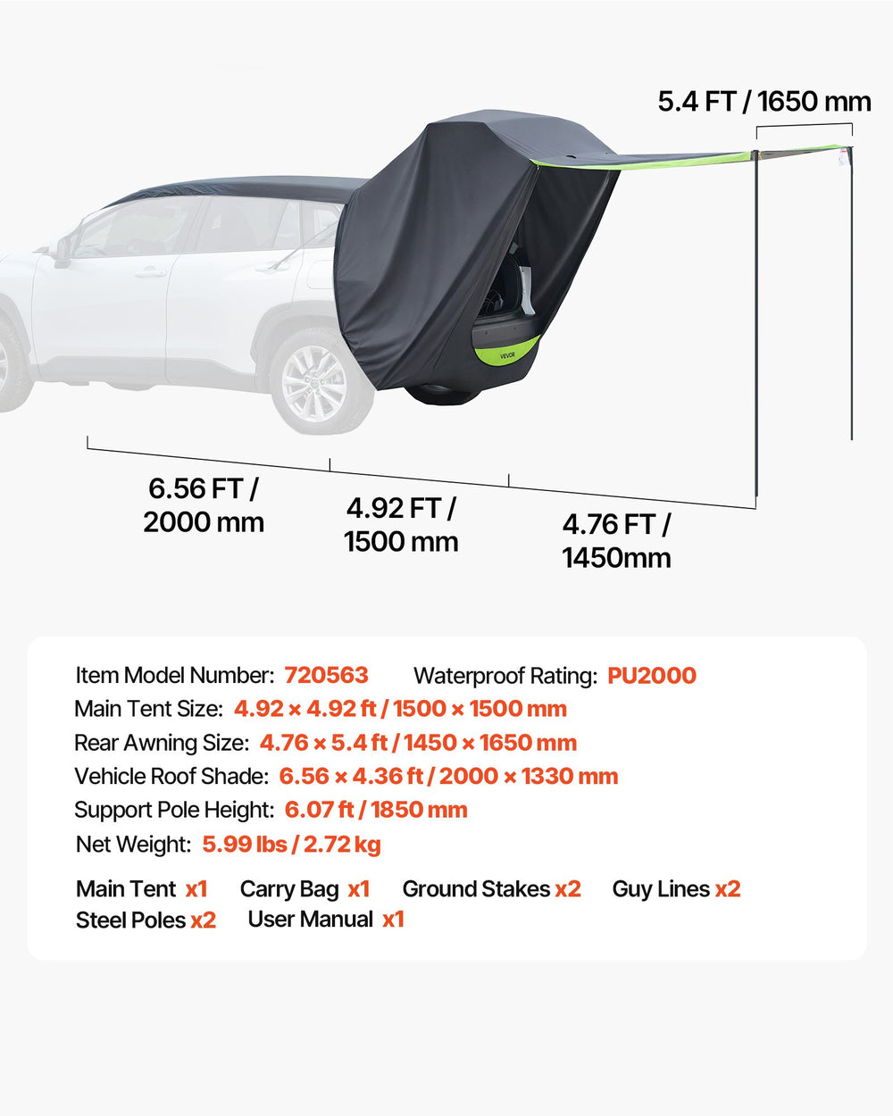 VEVOR SUV Tent with Shade Awning, All-Season SUV Tailgate Tent, PU2000mm Waterproof Car Rear Hatch Camping Tents, Portable Sun Shade Tailgate Shelter with Carrying Bag for Outdoor Hiking