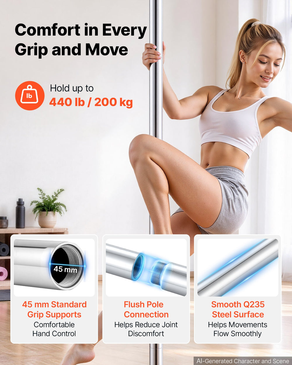 VEVOR Professional Dance Pole, Portable Dancing Poles, 84-110 in, Silver, Removable Exercise Dancing Poles for Fitness, Adjustable Height, 45 mm Heavy-Duty Steel, Spinning & Static, 440 lb Capacity