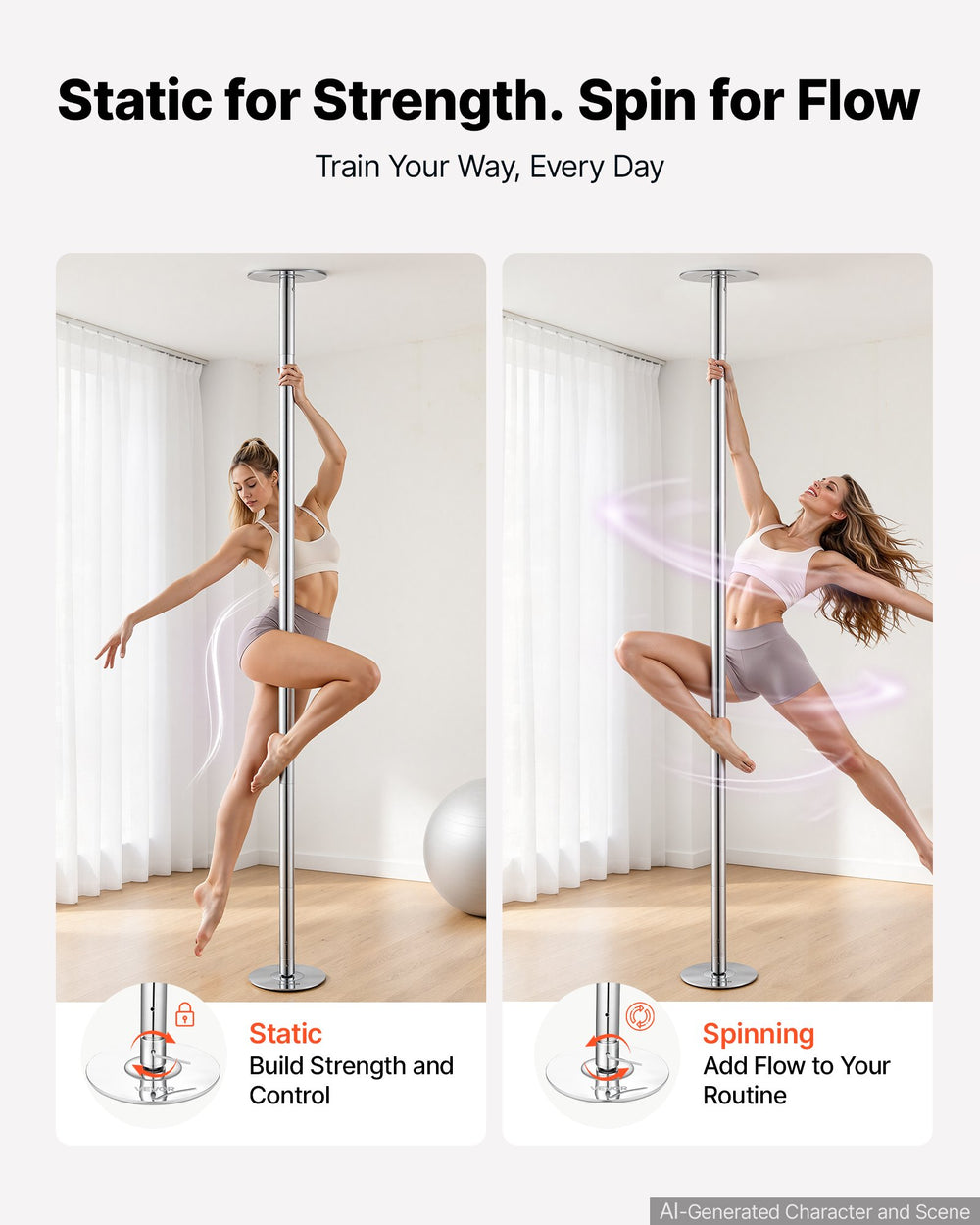 VEVOR Professional Dance Pole, Portable Dancing Poles, 84-110 in, Silver, Removable Exercise Dancing Poles for Fitness, Adjustable Height, 45 mm Heavy-Duty Steel, Spinning & Static, 440 lb Capacity