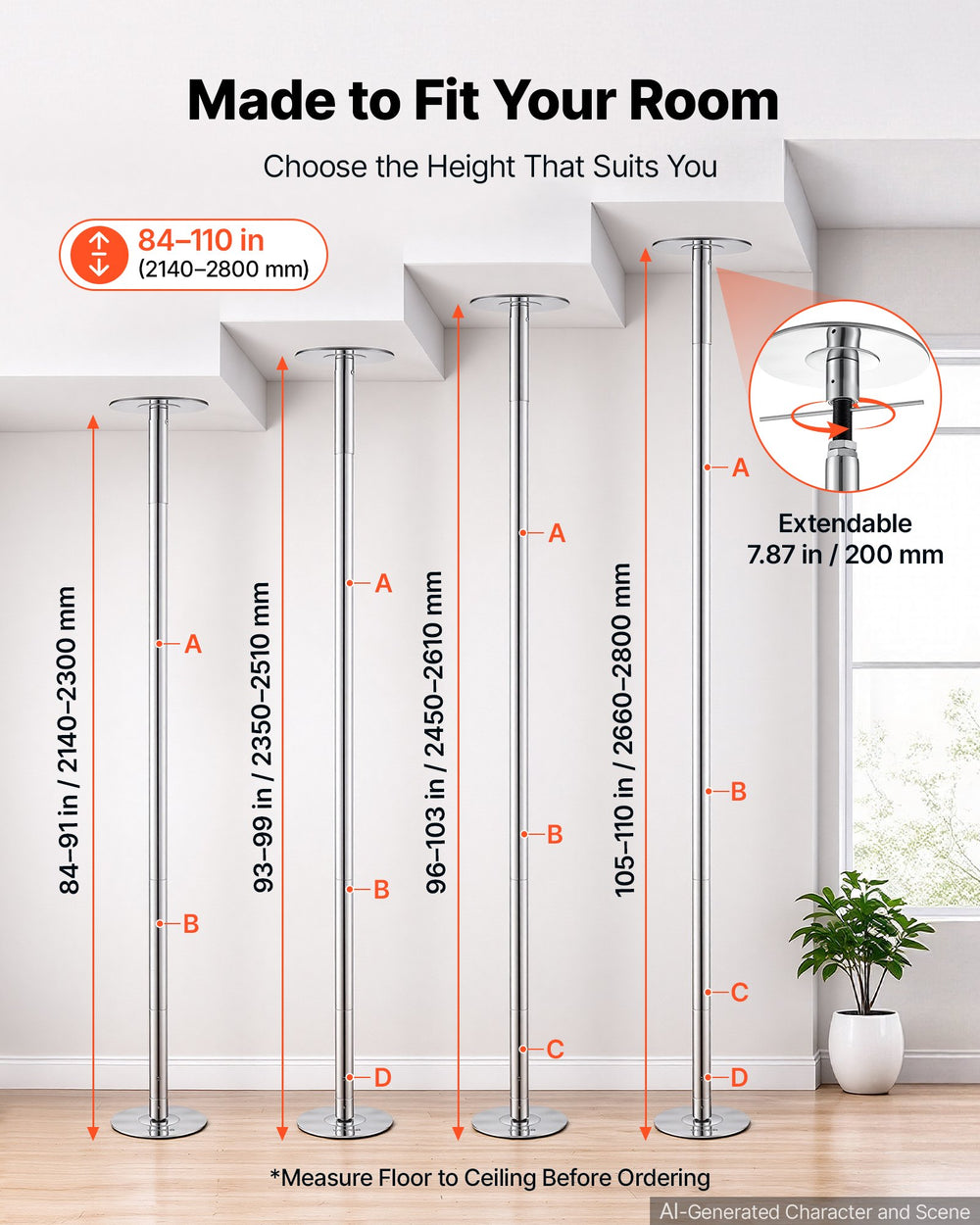 VEVOR Professional Dance Pole, Portable Dancing Poles, 84-110 in, Silver, Removable Exercise Dancing Poles for Fitness, Adjustable Height, 45 mm Heavy-Duty Steel, Spinning & Static, 440 lb Capacity