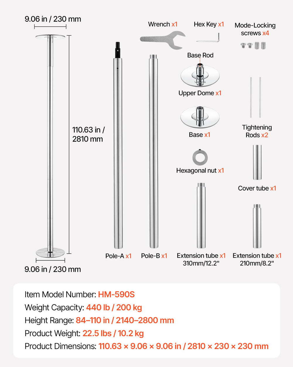 VEVOR Professional Dance Pole, Portable Dancing Poles, 84-110 in, Silver, Removable Exercise Dancing Poles for Fitness, Adjustable Height, 45 mm Heavy-Duty Steel, Spinning & Static, 440 lb Capacity
