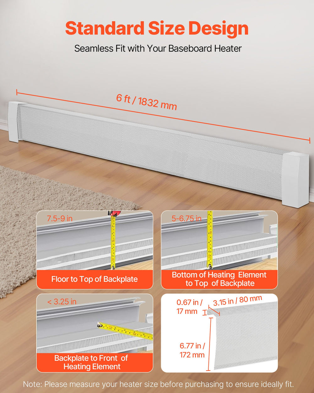 VEVOR Baseboard Heater Covers, Premium Series 1832 mm Standard Electric Heating Unit Front Cover for Home Improvement, Heavy-duty Steel, Easy Installation for Bedroom Replacing Old Cover, White