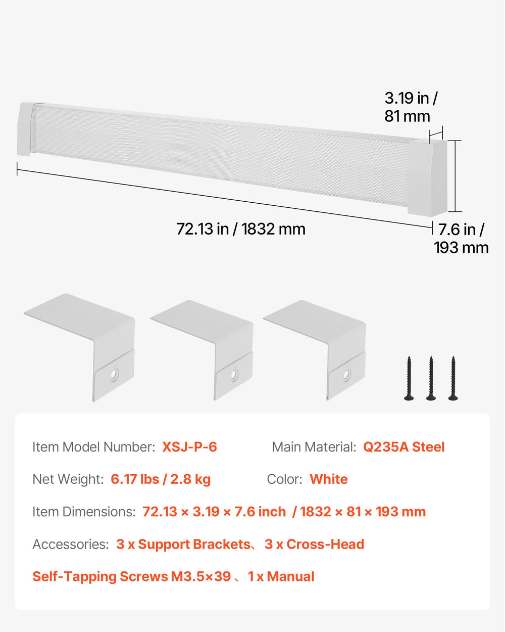VEVOR Baseboard Heater Covers, Premium Series 1832 mm Standard Electric Heating Unit Front Cover for Home Improvement, Heavy-duty Steel, Easy Installation for Bedroom Replacing Old Cover, White