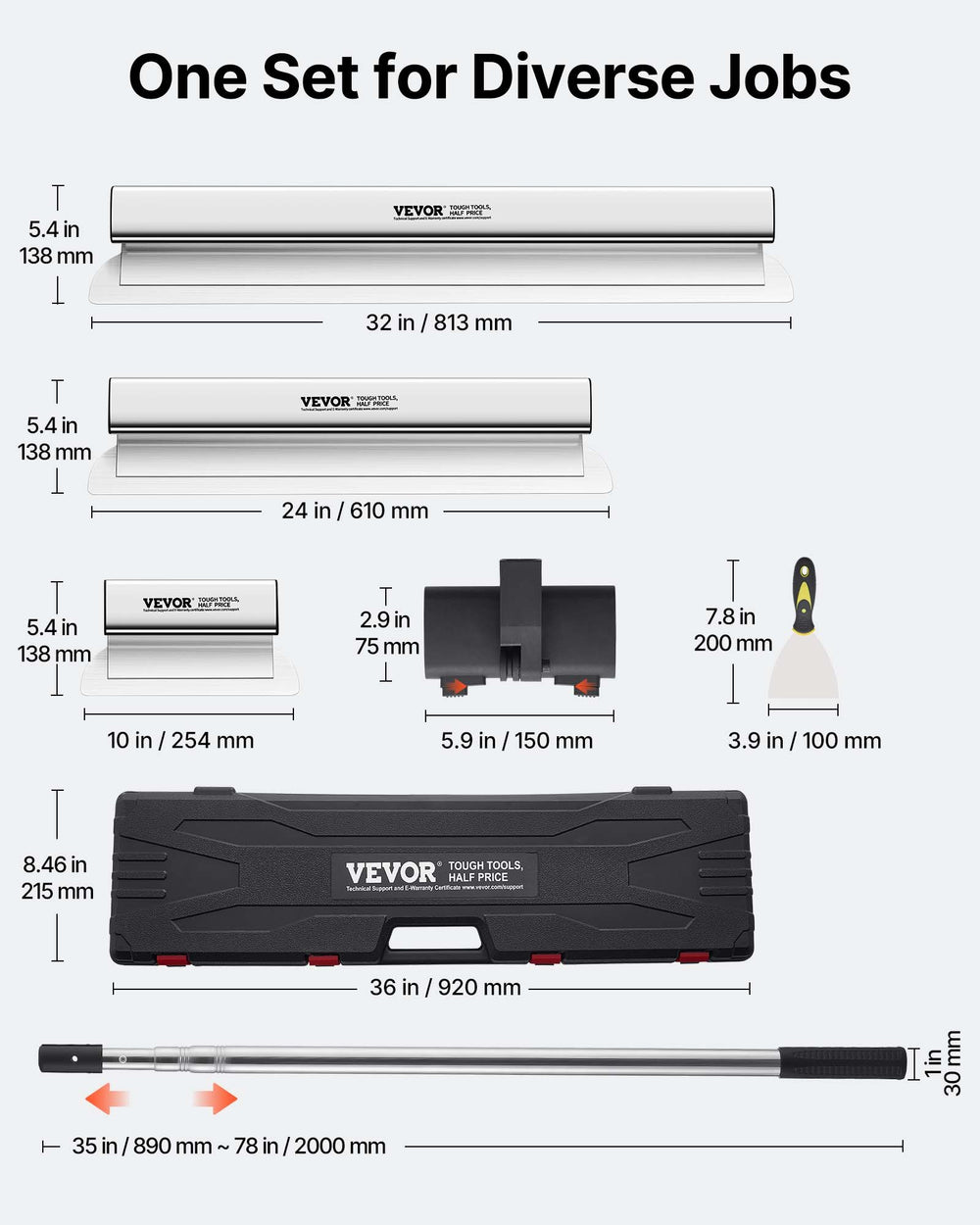 VEVOR Drywall Skimming Blade Putty Knife Combo 10/24/32in Trowel Tool w/ Handle