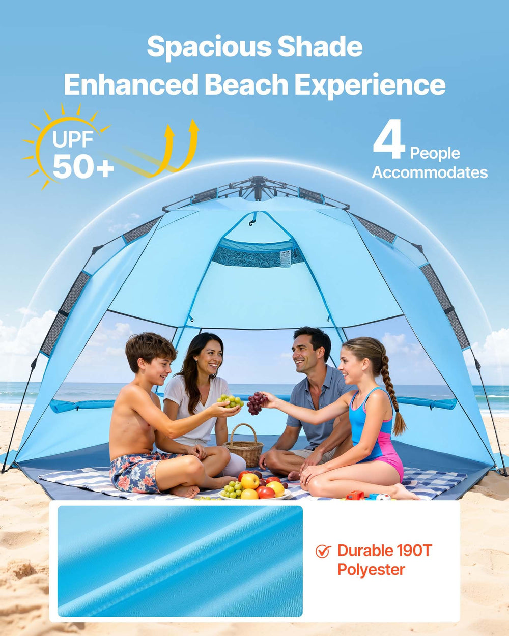 VEVOR Beach Tent Sun Shelter for 4 Person, Pop Up Beach Tent UPF 50+ Protection, Portable Sun Shade Canopy with Carrying Bag and Sand Pockets, Easy Setup Umbrella for Camping Fishing Outdoor Picnic