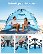 VEVOR Beach Tent Sun Shelter for 4 Person, Pop Up Beach Tent UPF 50+ Protection, Portable Sun Shade Canopy with Carrying Bag and Sand Pockets, Easy Setup Umbrella for Camping Fishing Outdoor Picnic