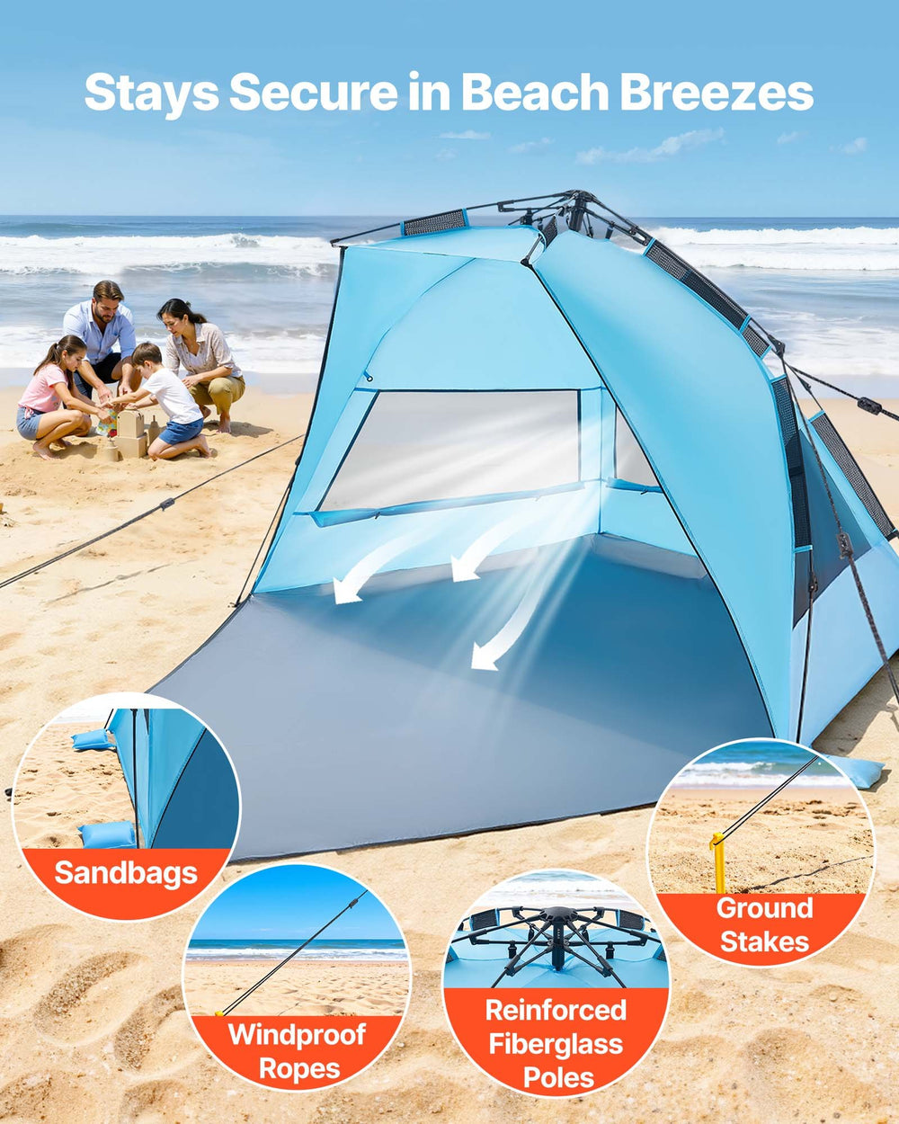 VEVOR Beach Tent Sun Shelter for 4 Person, Pop Up Beach Tent UPF 50+ Protection, Portable Sun Shade Canopy with Carrying Bag and Sand Pockets, Easy Setup Umbrella for Camping Fishing Outdoor Picnic