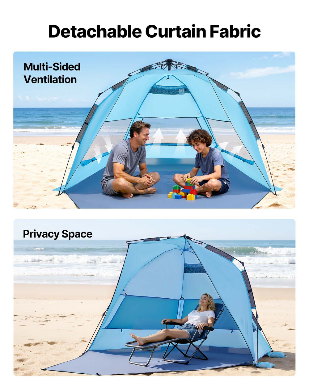 VEVOR Beach Tent Sun Shelter for 4 Person, Pop Up Beach Tent UPF 50+ Protection, Portable Sun Shade Canopy with Carrying Bag and Sand Pockets, Easy Setup Umbrella for Camping Fishing Outdoor Picnic