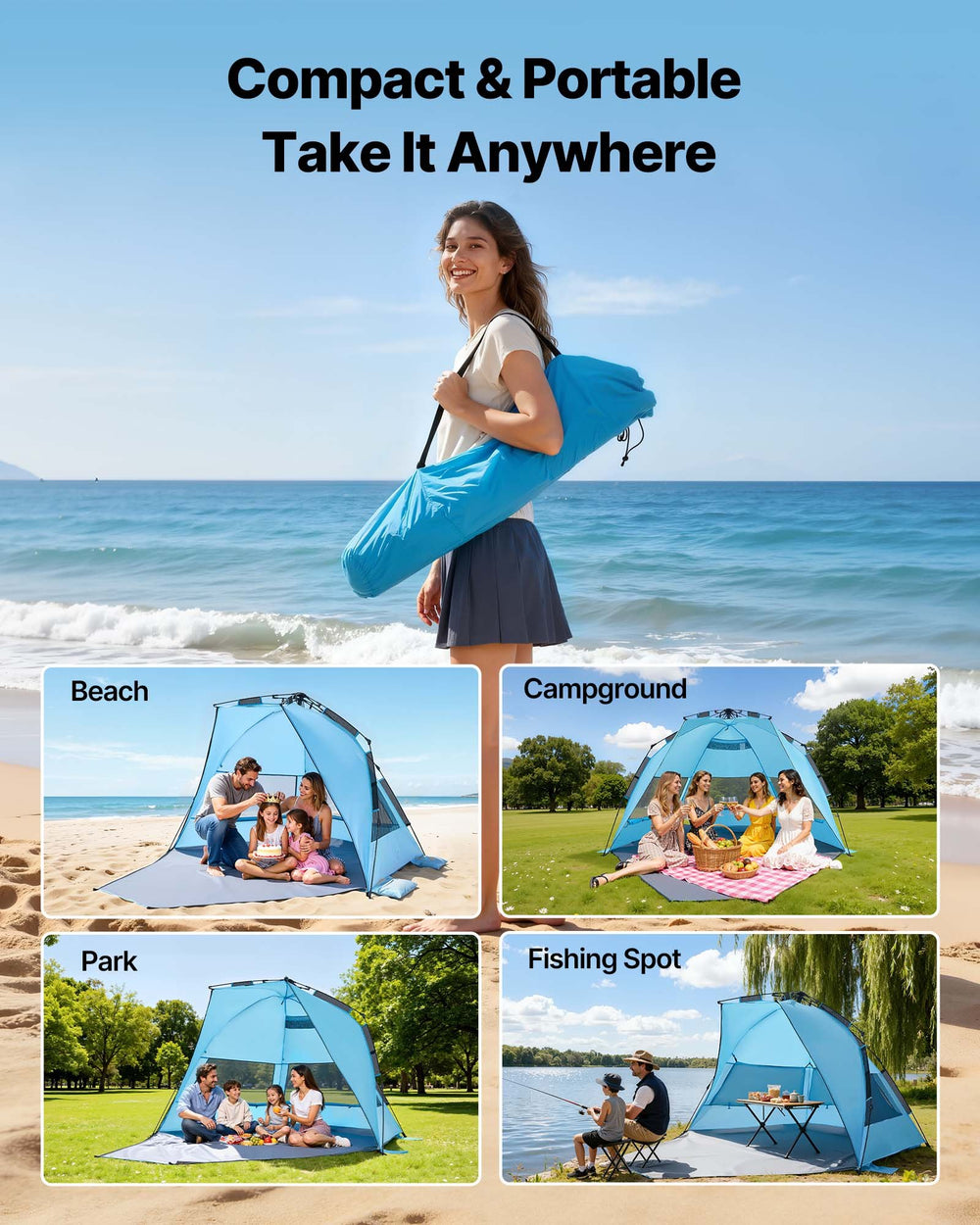 VEVOR Beach Tent Sun Shelter for 4 Person, Pop Up Beach Tent UPF 50+ Protection, Portable Sun Shade Canopy with Carrying Bag and Sand Pockets, Easy Setup Umbrella for Camping Fishing Outdoor Picnic